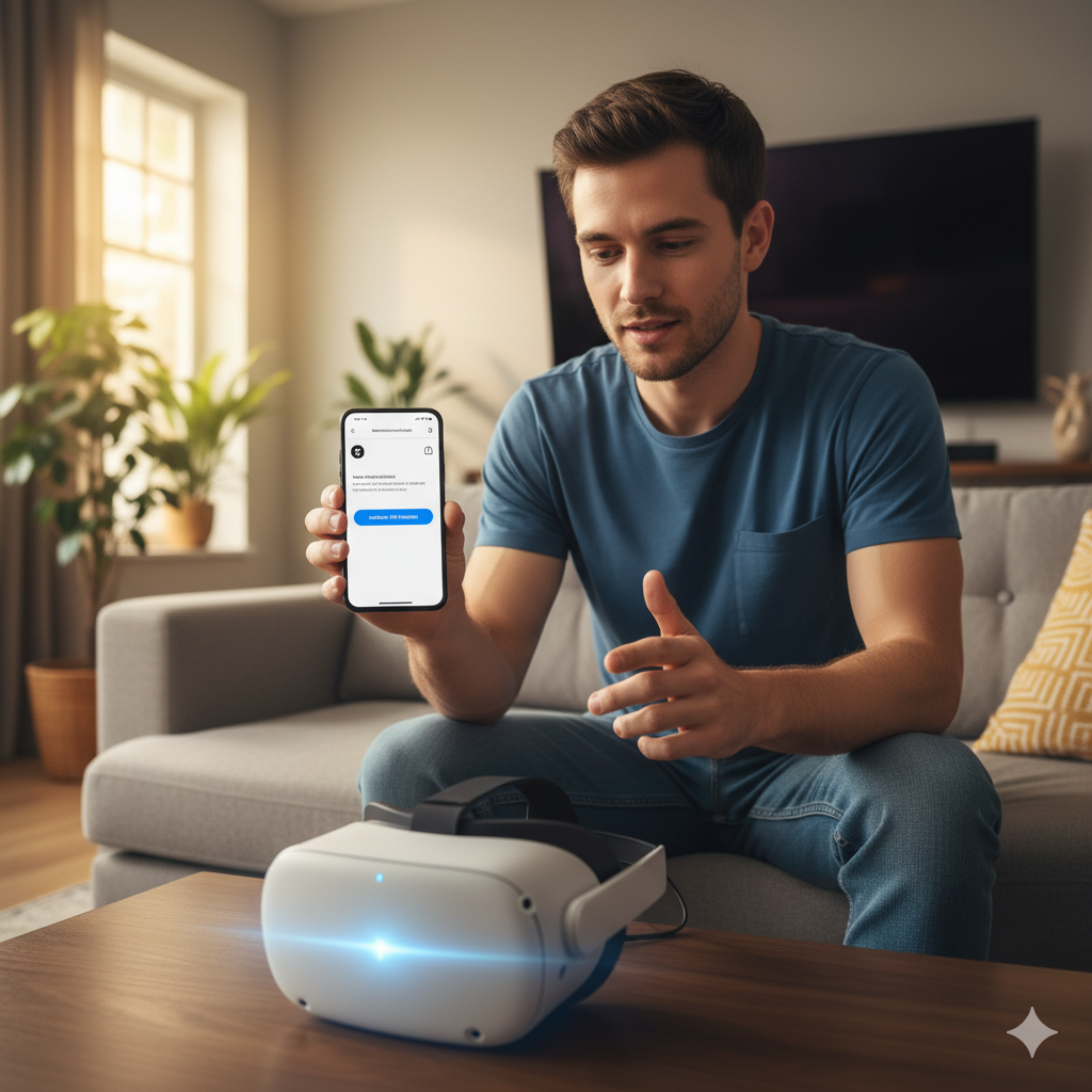 User linking Meta VR headset through www.meta.com/device on a smartphone for quick activation