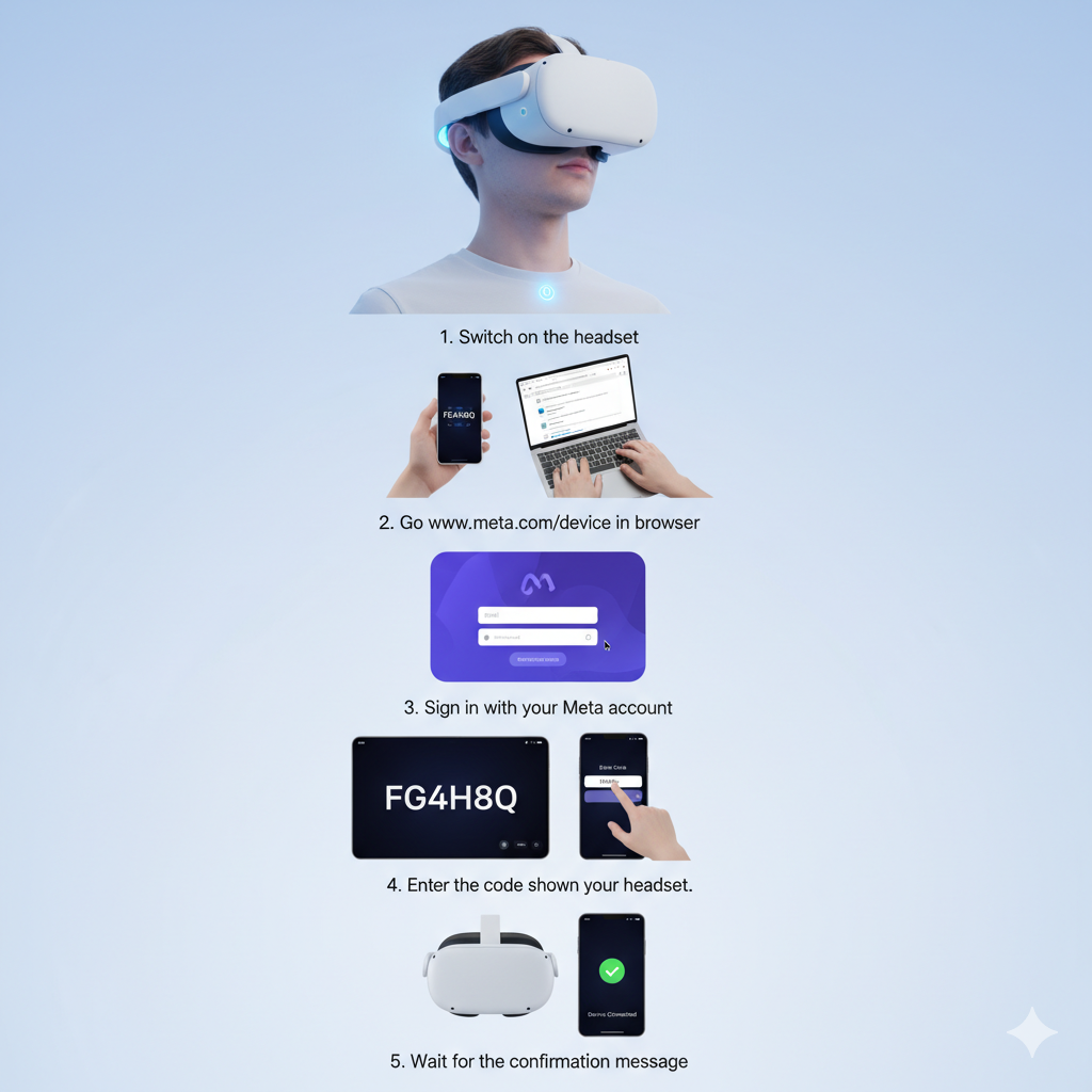 Steps to connect a Meta VR headset through www.meta.com/device using a browser — switch on headset, visit the link, sign in, enter the code, and confirm connection.