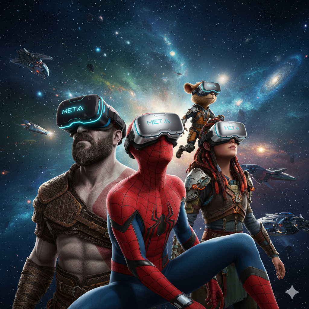 PlayStation heroes Spider-Man, Kratos, Aloy, Ratchet, and Clank wearing Meta VR headsets, gazing upward in a futuristic space background.