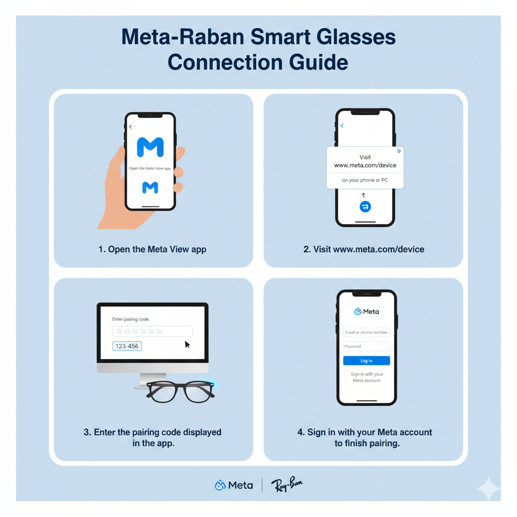 Steps to connect Ray-Ban Meta Smart Glasses using the Meta View app and www.meta.com/device pairing code.