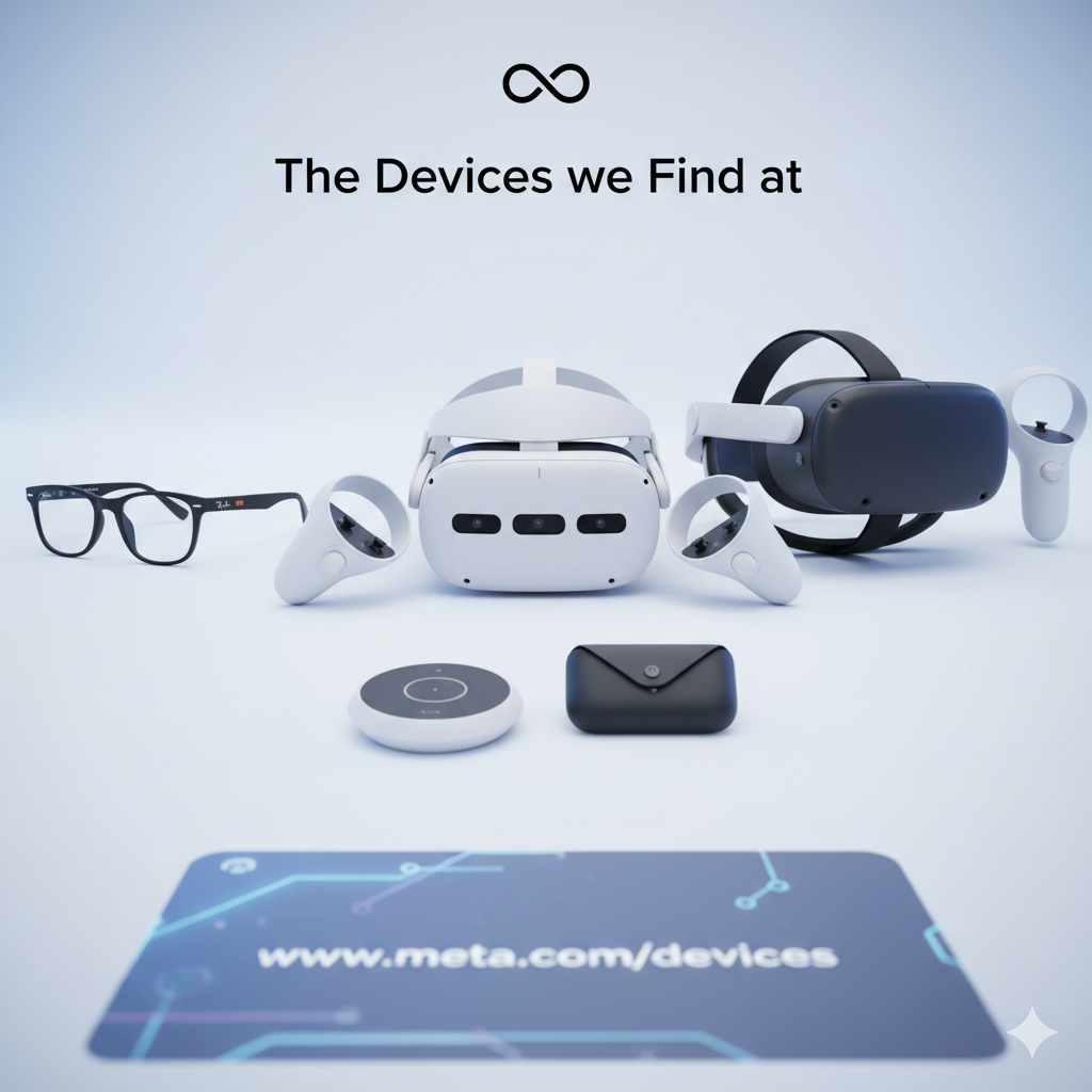 Meta devices lineup including VR headsets, AR glasses, and mixed-reality technology from www.meta.com/device .